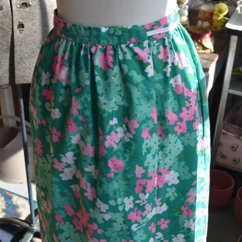 Vintage Poppy by Lanz Floral Midi Skirt Green Pink Cotton A Line Retro 70s Small